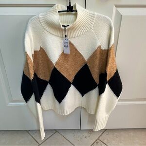 NWT Express Argyle Knit Recycled Polyester Cropped Long Sleeve Mock Neck Sweater